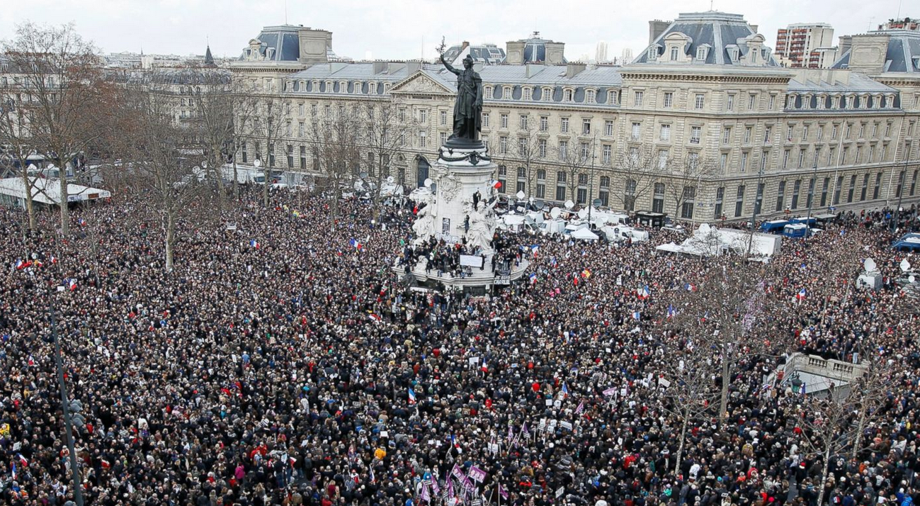 Hundreds of thousands of people gathering on the Place de la Republique to attend the solidarity march (Rassemblement Republicain) in the streets of Paris. (Photo courtesy of ABC News)